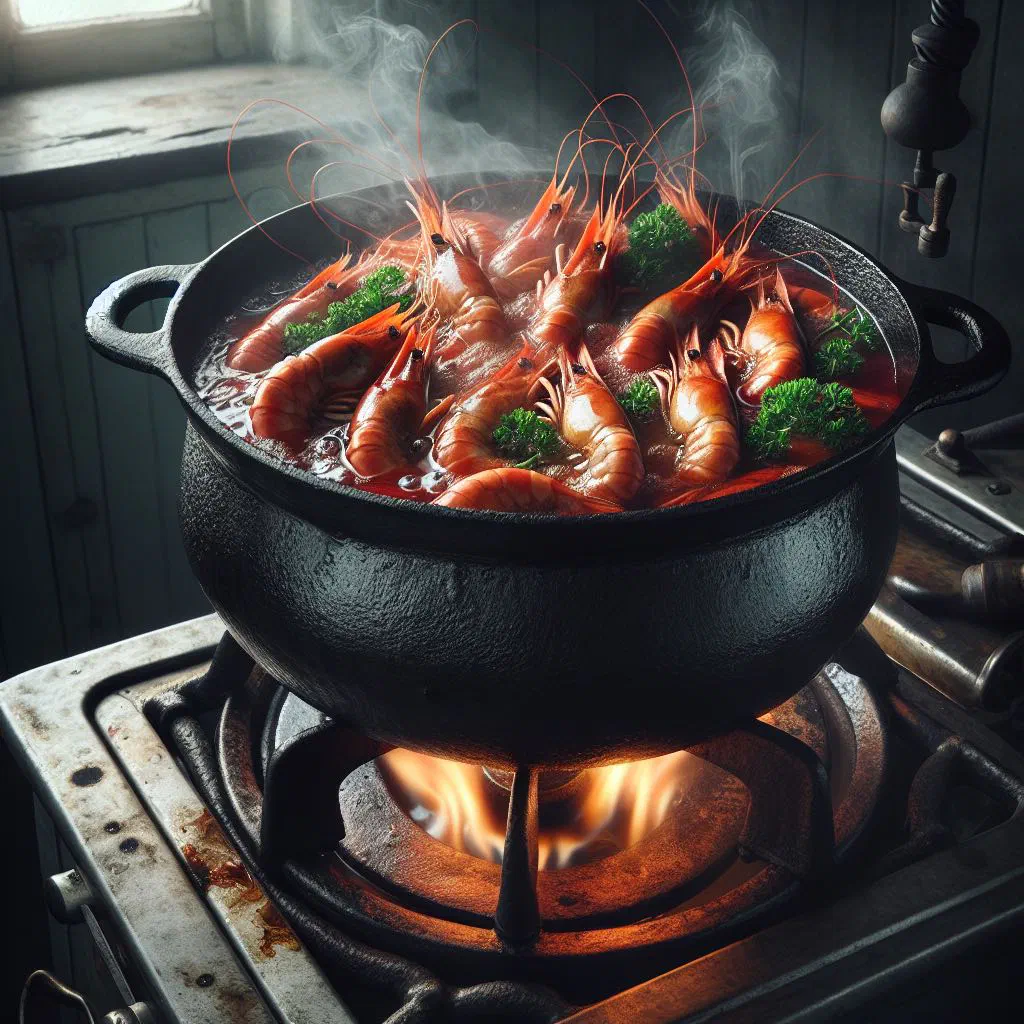 Caldero de langostinos with prawns over rice in a rich broth, garnished with parsley