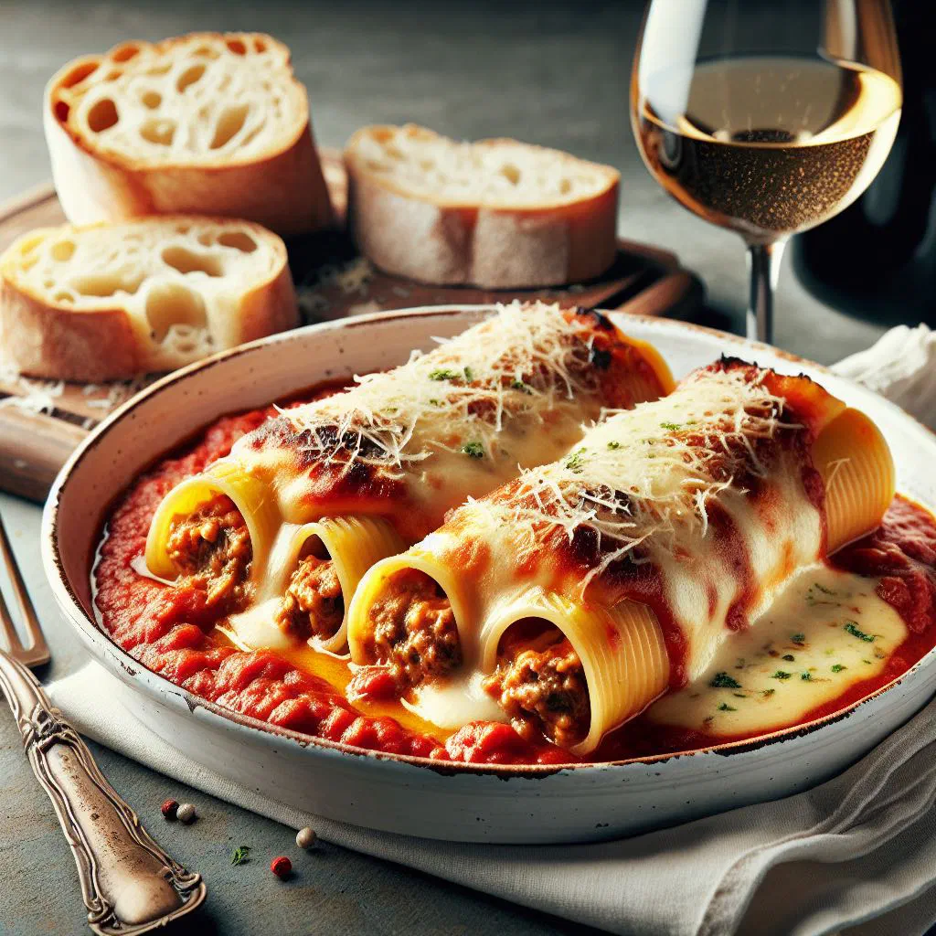 Baked canelones de carne topped with golden béchamel sauce in a dish