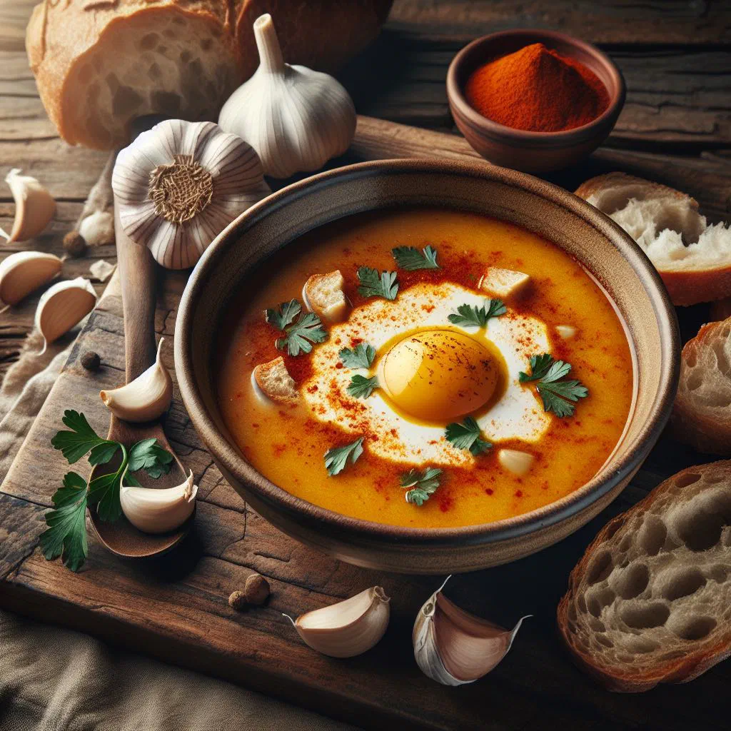 Castilian garlic soup served in a rustic earthenware bowl with bread and paprika