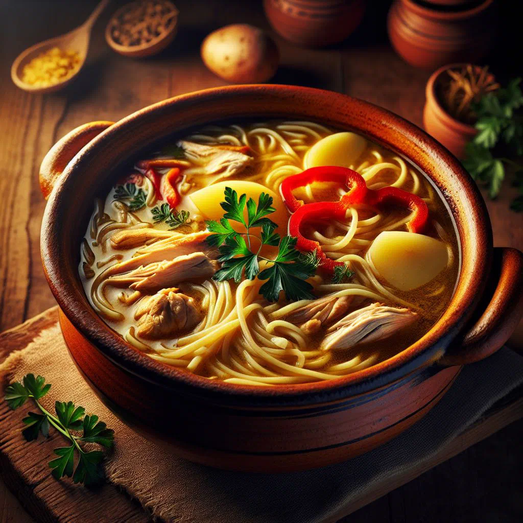 Cazuela de fideos with seafood and noodles in a rich broth, garnished with parsley