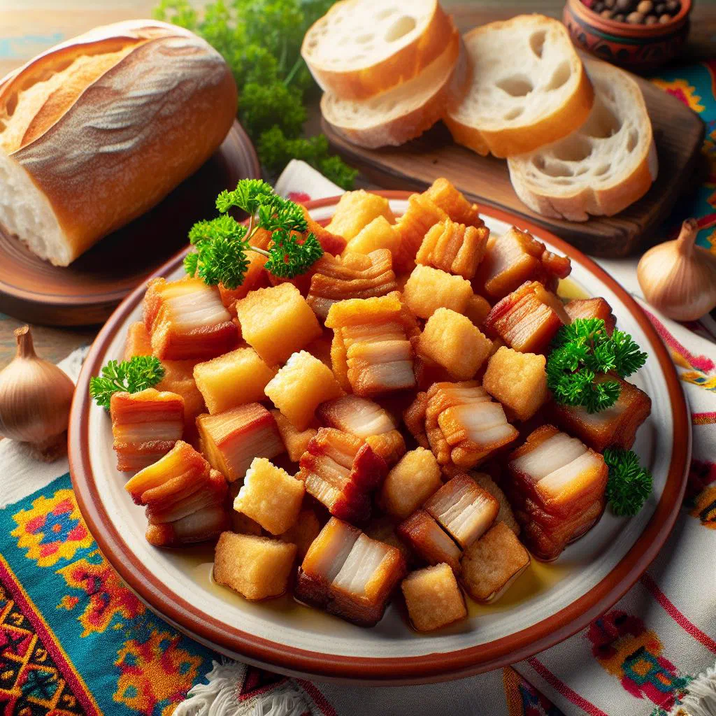 Golden, crispy fried pork belly pieces served on a plate