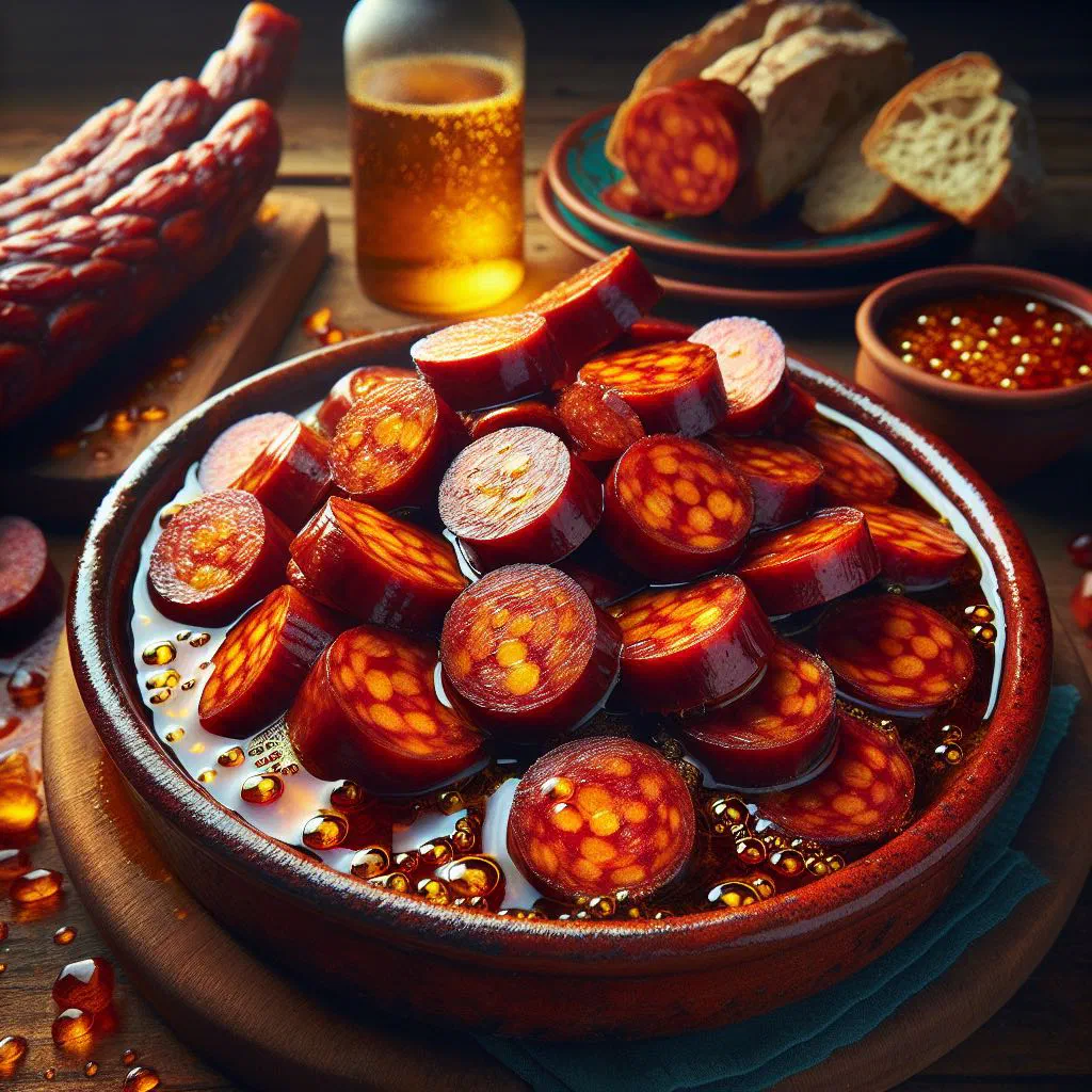 Sliced chorizo simmered in cider, garnished with fresh parsley