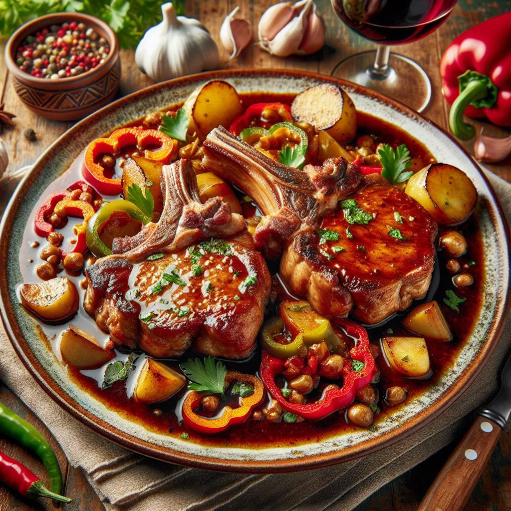 Pork chops simmered in a rich red tomato and pepper sauce