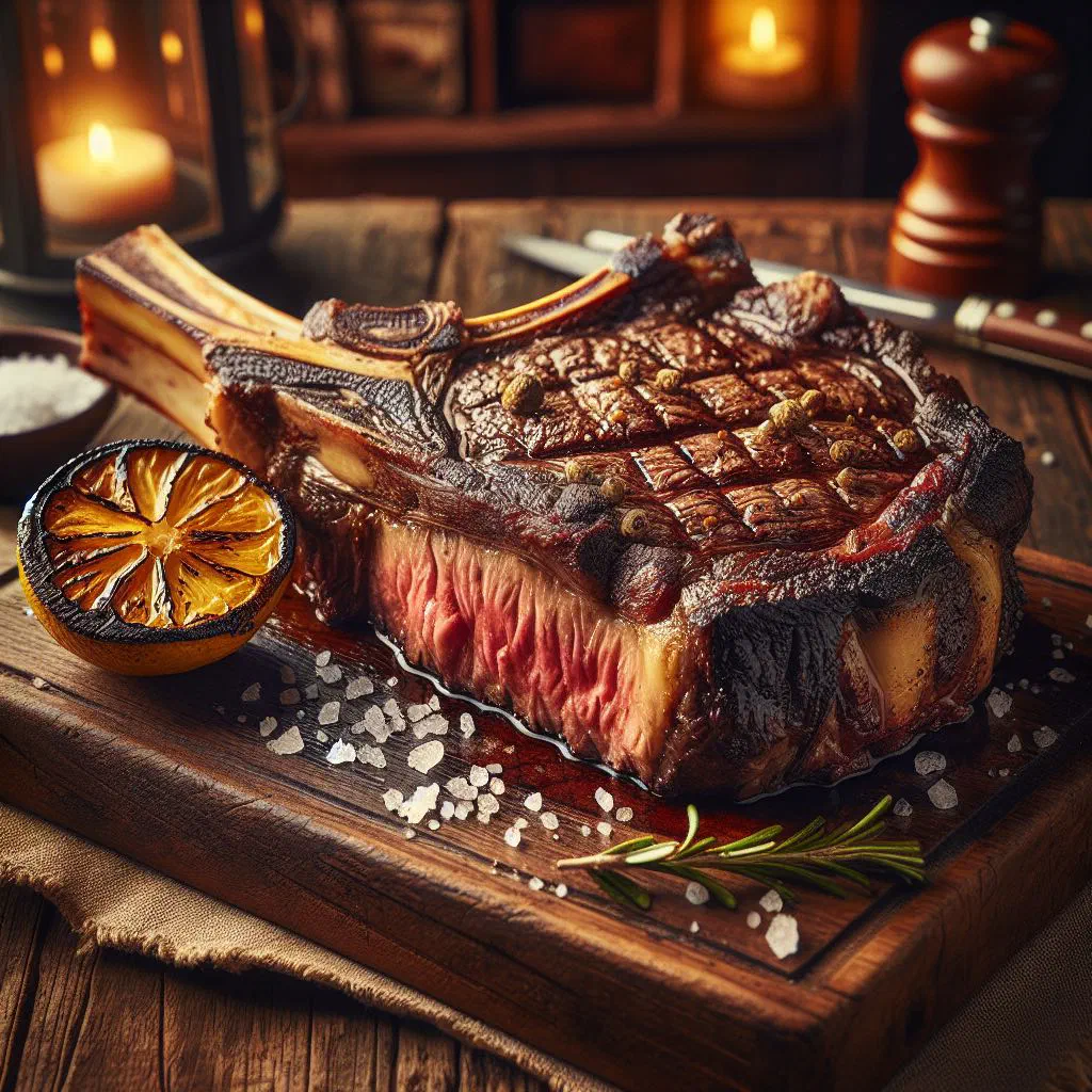 Thick grilled Chuletón de Ávila beef steak resting on a wooden board