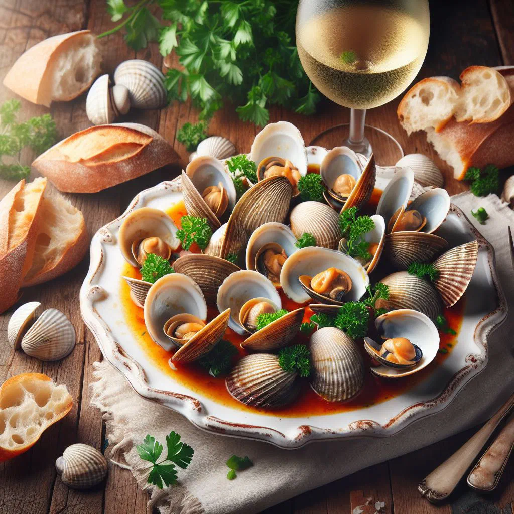 Clams a la marinera in a tomato and white wine sauce garnished with parsley