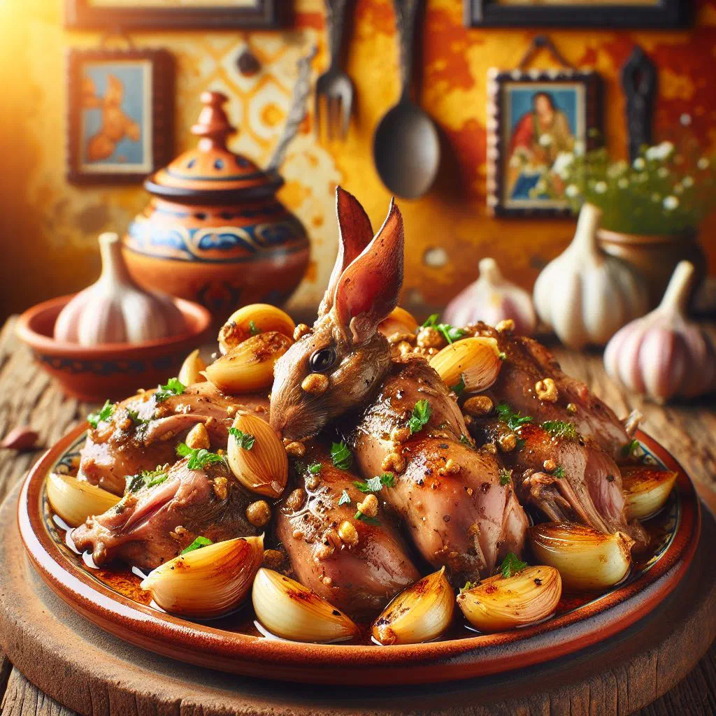 Braised rabbit pieces in a golden garlic and white wine sauce