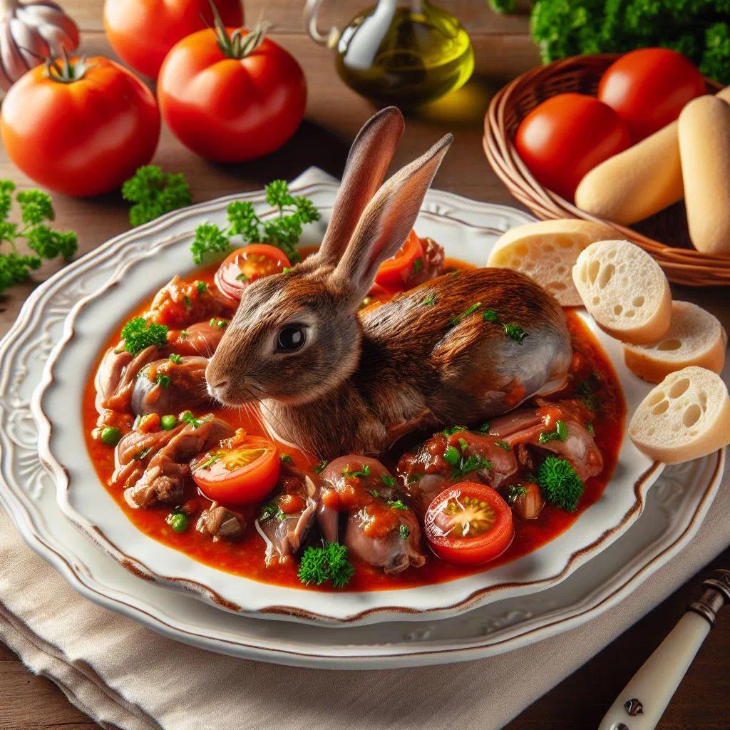 Braised rabbit in a rich tomato and paprika sauce, garnished with fresh herbs