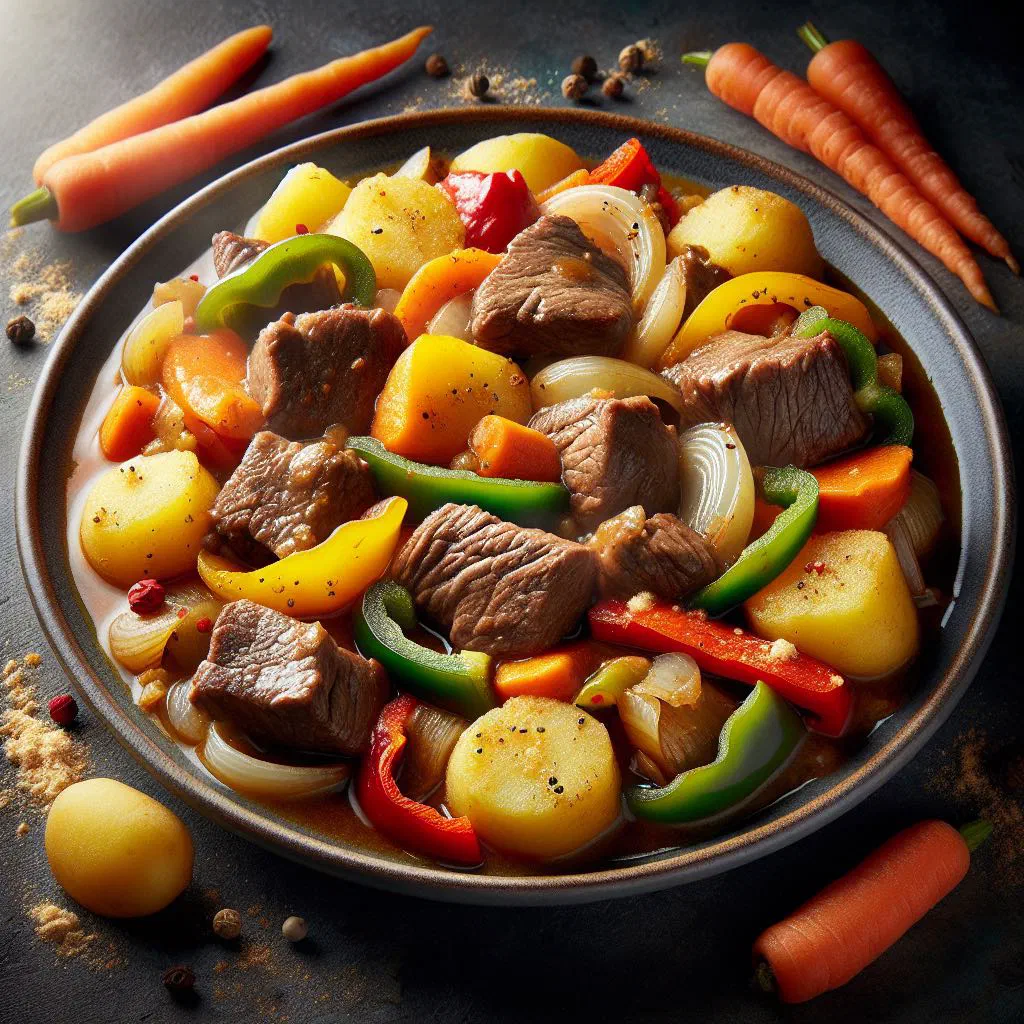 Spanish beef stew with carrots in a rustic bowl, garnished with fresh herbs