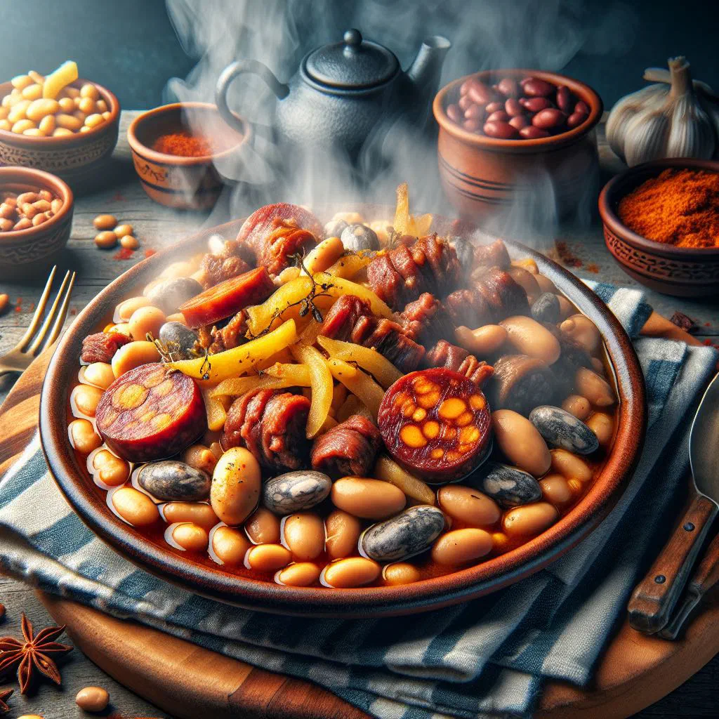 Hearty Fabada Asturiana bean stew with chorizo and morcilla in a rustic bowl
