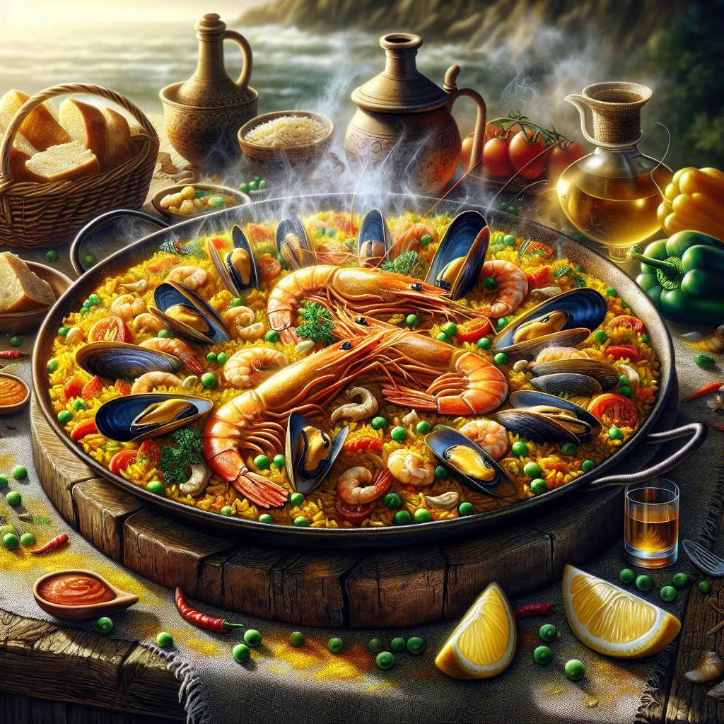 Fideuà with toasted noodles and seafood in a shallow pan