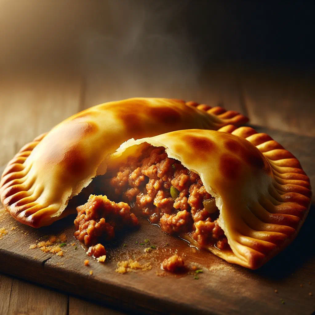Golden Galician empanada with a tuna, pepper and tomato filling, sliced into squares