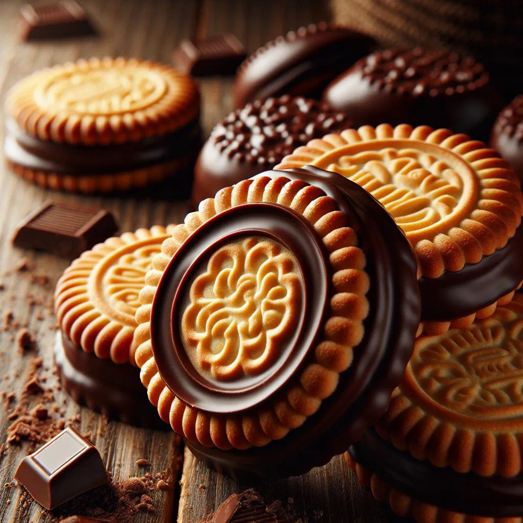 Galletas Maria biscuits coated in dark chocolate on baking paper