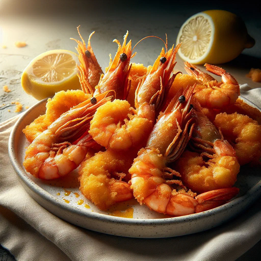 Crispy battered prawns served with lemon wedges and a dip