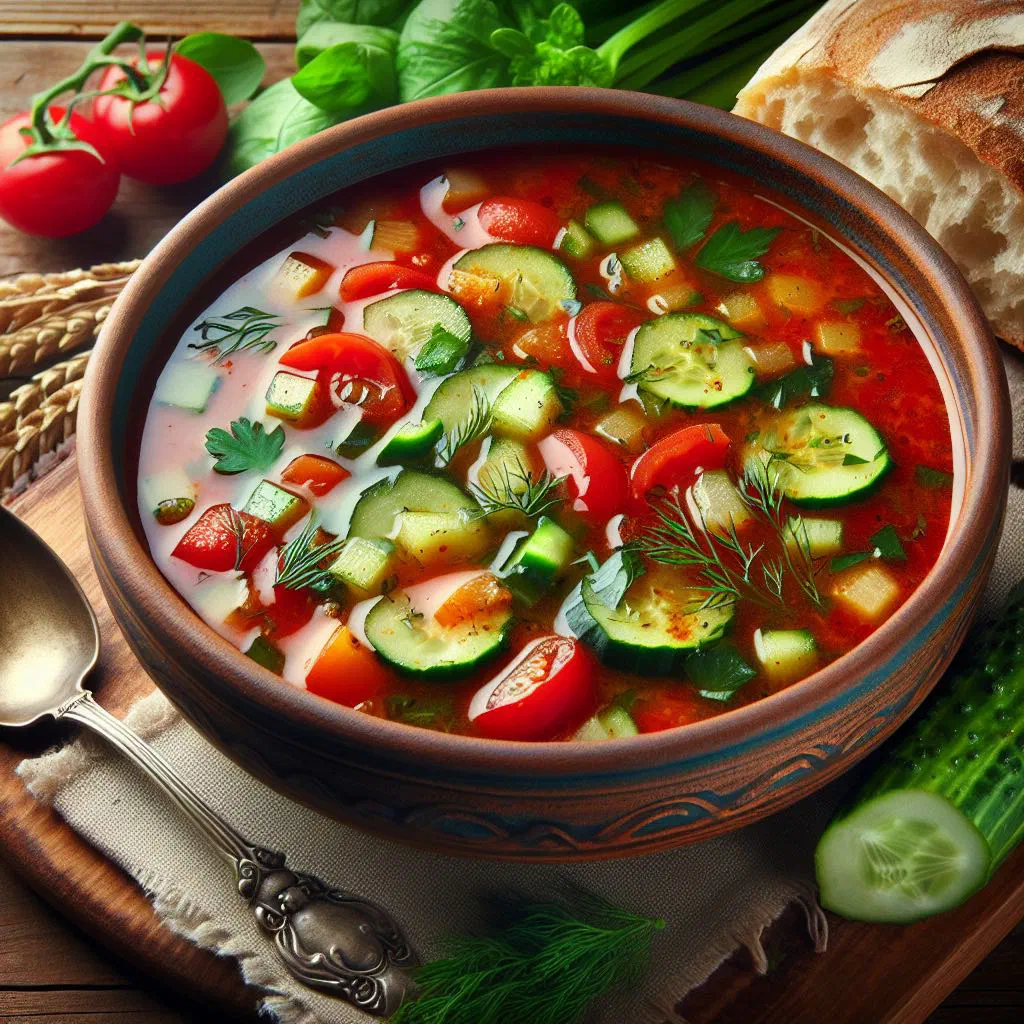 Bowl of creamy gazpachuelo soup with cod and potatoes