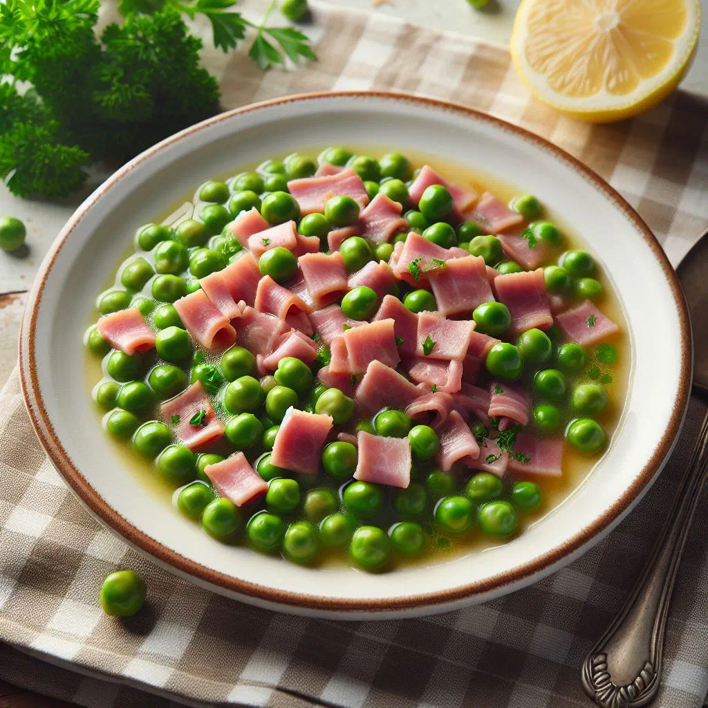 Sautéed green peas with diced Serrano ham in a pan