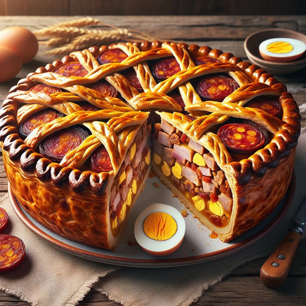 Golden-baked hornazo de Salamanca cut open to reveal pork, ham and egg filling