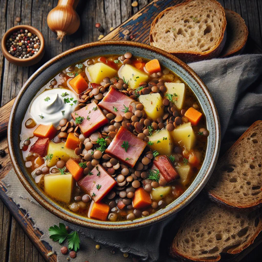 A bowl of Spanish lentil stew with carrots, potato and paprika