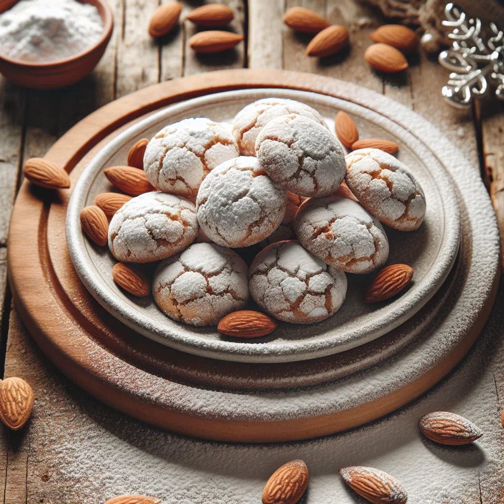 Crumbly Spanish mantecados de Estepa dusted with icing sugar