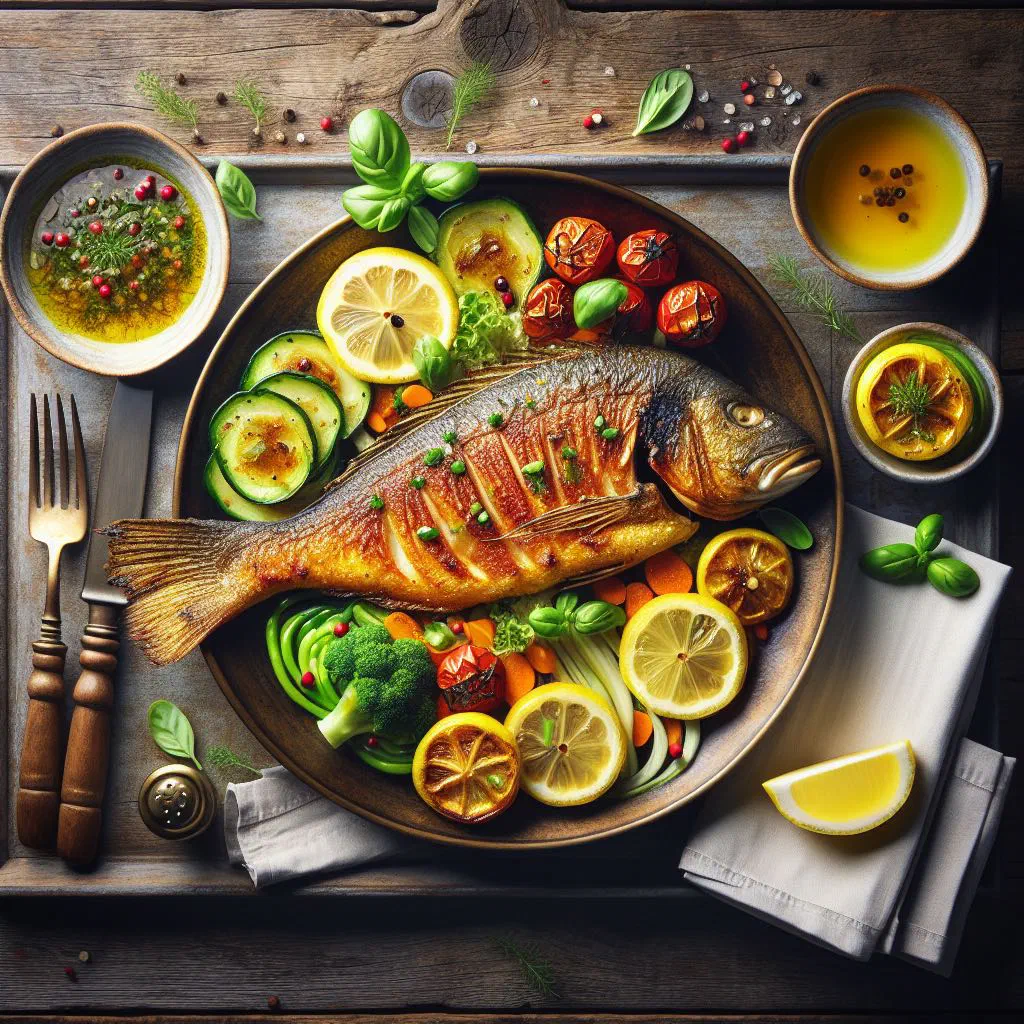 Hake fillet in a green sauce with peas and asparagus