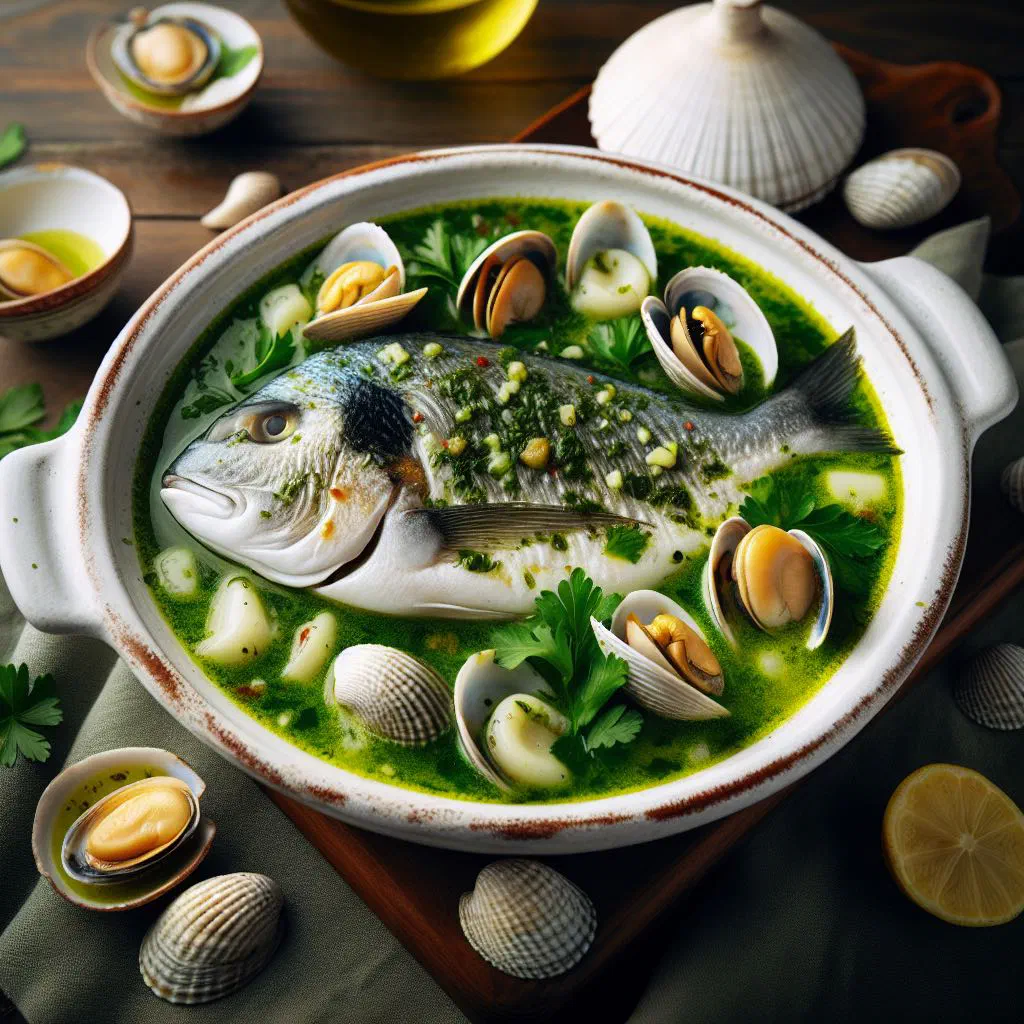 Hake fillets in a green parsley sauce served in a shallow dish