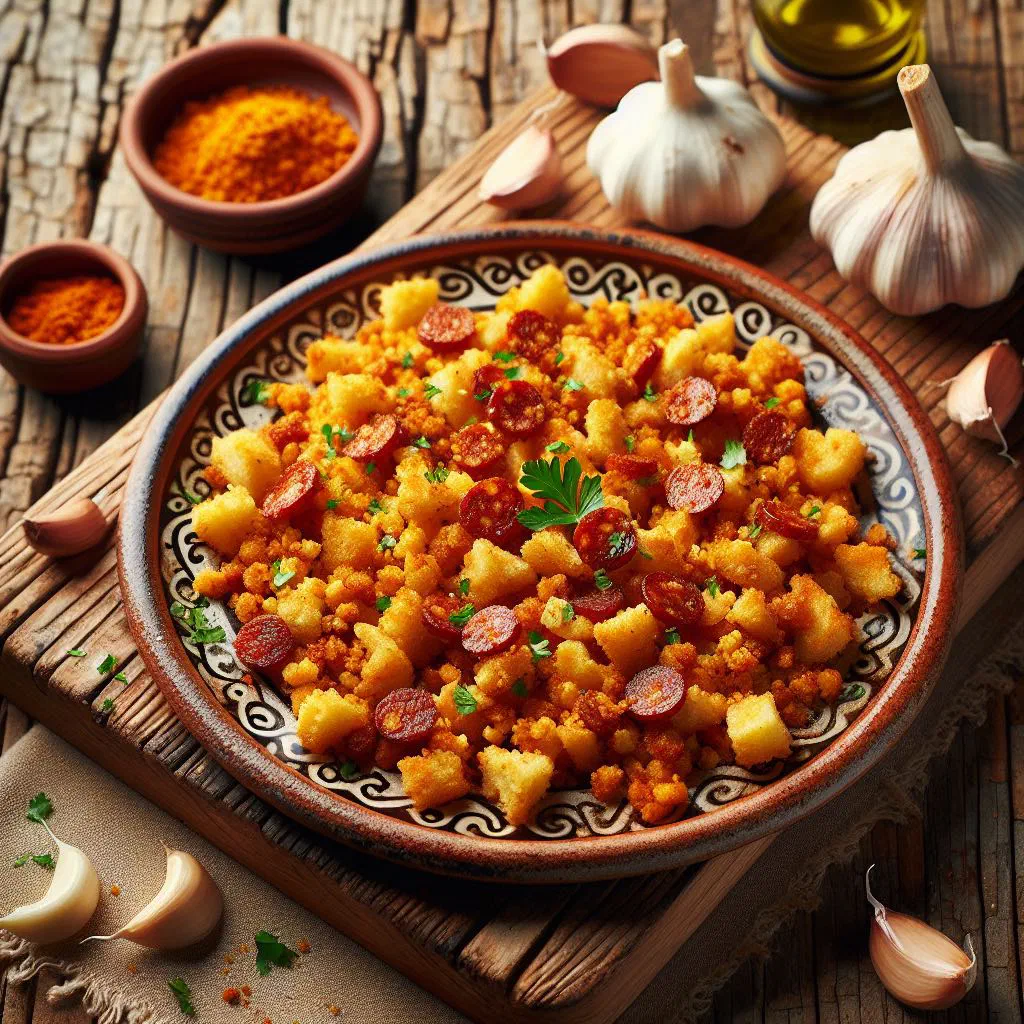 Crispy migas de pan with chorizo, garlic and a sprinkle of paprika