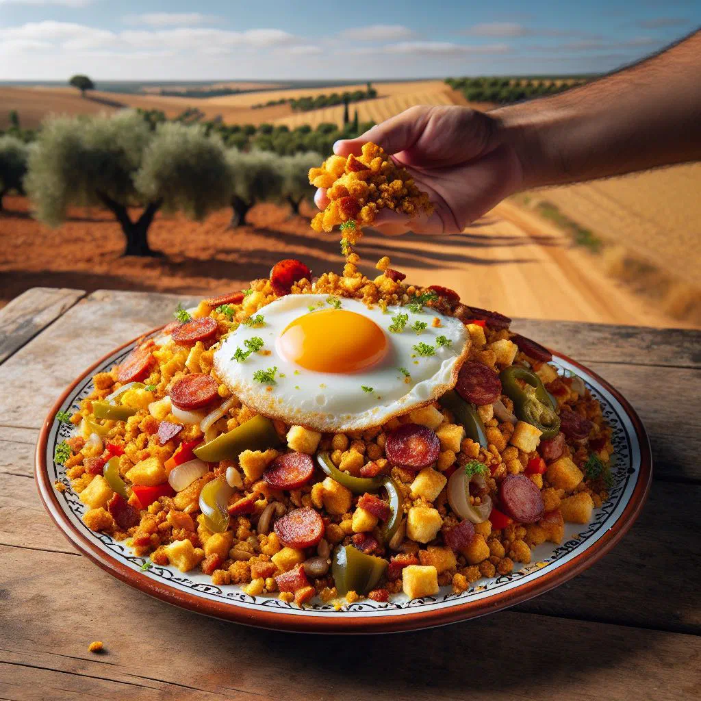 Migas de pastor with crisp fried breadcrumbs and chorizo in a rustic pan