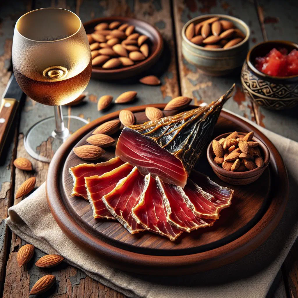 Thin slices of mojama air-dried tuna drizzled with olive oil