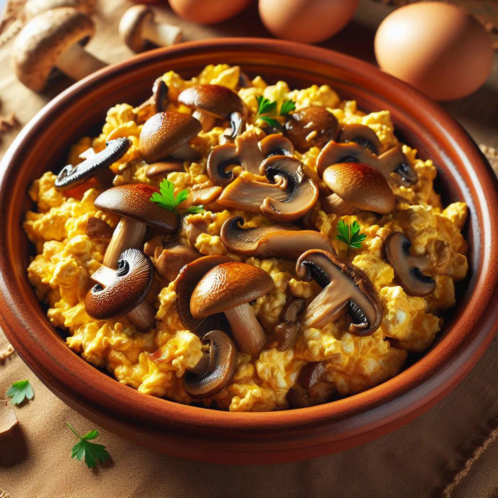 Spanish mushroom scramble with creamy eggs and parsley