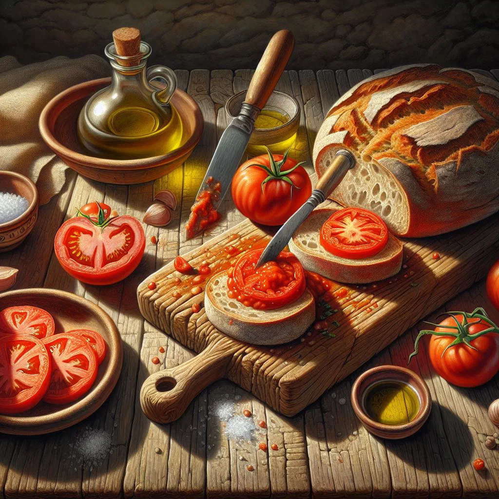 Toasted rustic bread rubbed with fresh tomato and drizzled with olive oil