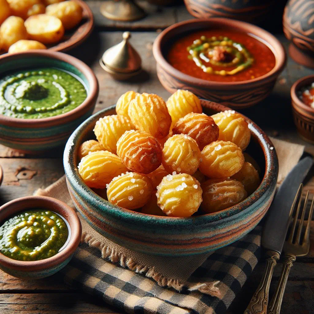Wrinkly salt-crusted Canarian potatoes served with green and red mojo sauce