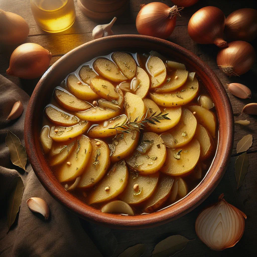 Golden braised potato slices in a savoury sauce, garnished with fresh parsley