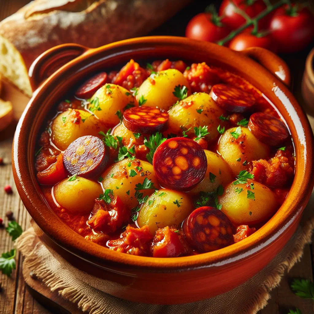 Patatas a la Riojana, a hearty potato and chorizo stew garnished with parsley