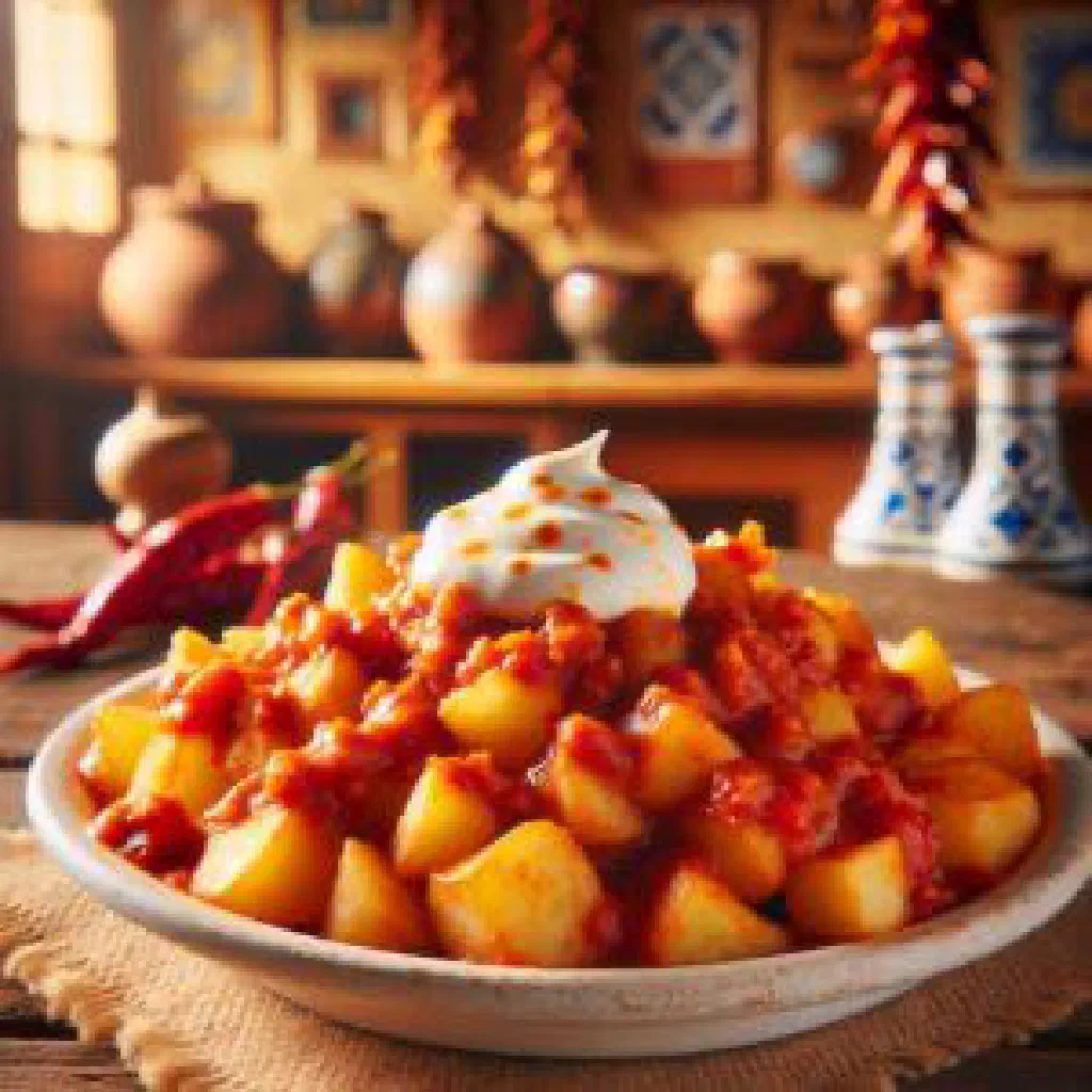 Crispy fried potato cubes topped with spicy bravas sauce in a tapas dish