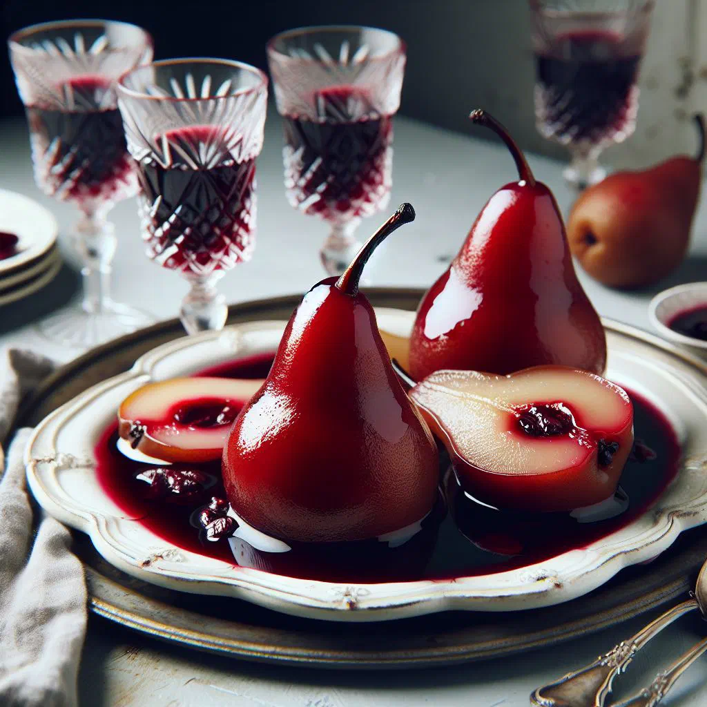 Pears poached in red wine syrup garnished with a cinnamon stick