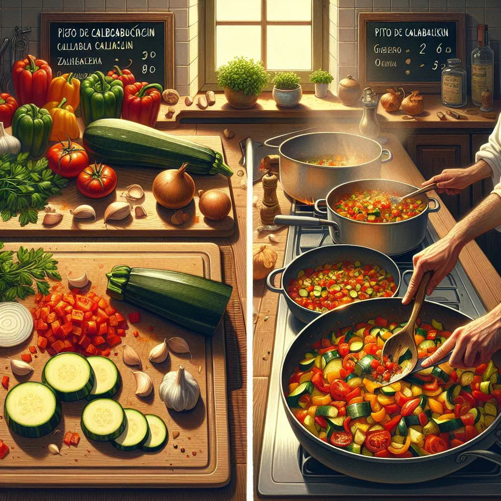 A bowl of pisto de calabacín with courgette, tomato and peppers garnished with fresh herbs