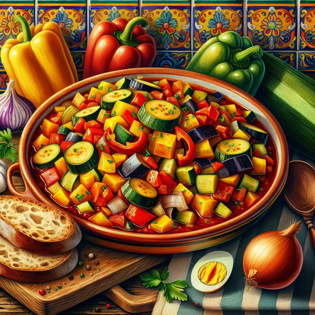 Pisto extremeño of stewed courgette, peppers and tomatoes topped with a fried egg