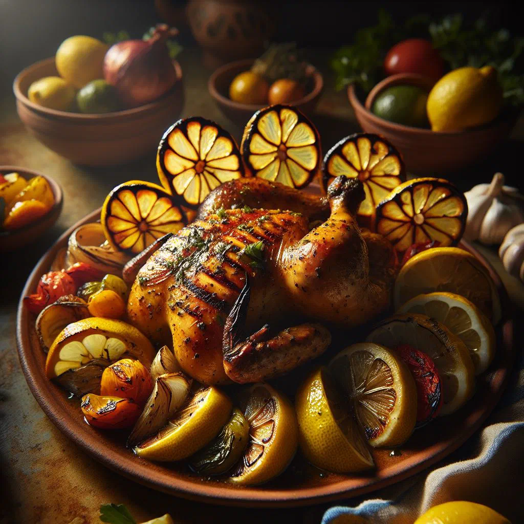 Golden lemon roast chicken garnished with fresh parsley and lemon wedges