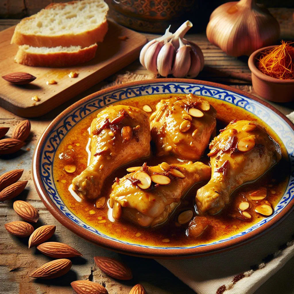 Tender chicken pieces in a golden almond and egg sauce, garnished with parsley