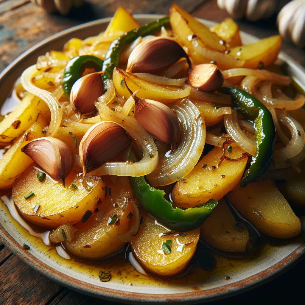 Pan of patatas a lo pobre with sliced potatoes, onions and peppers