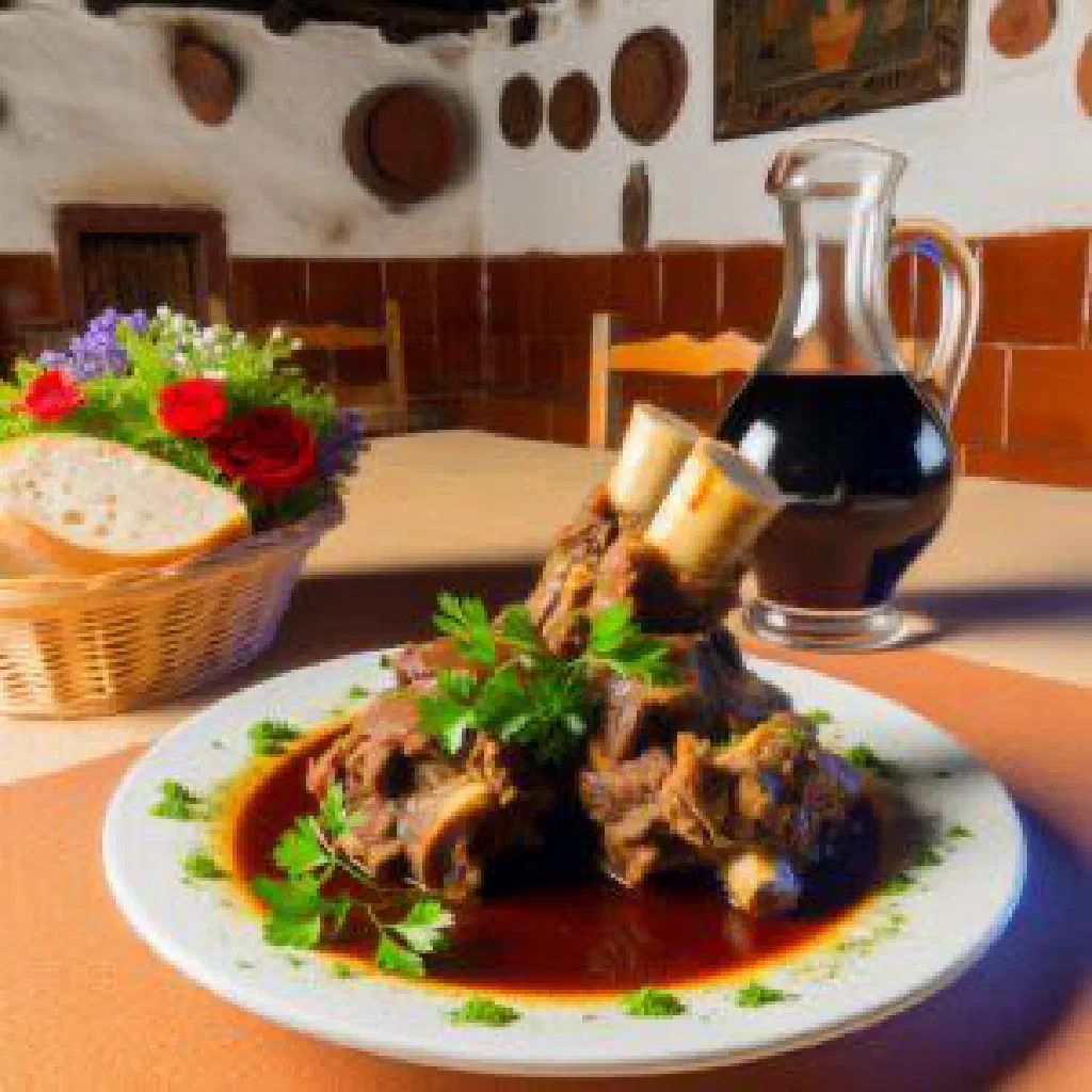 Tender braised oxtail stew in rich red wine sauce served in a rustic clay bowl