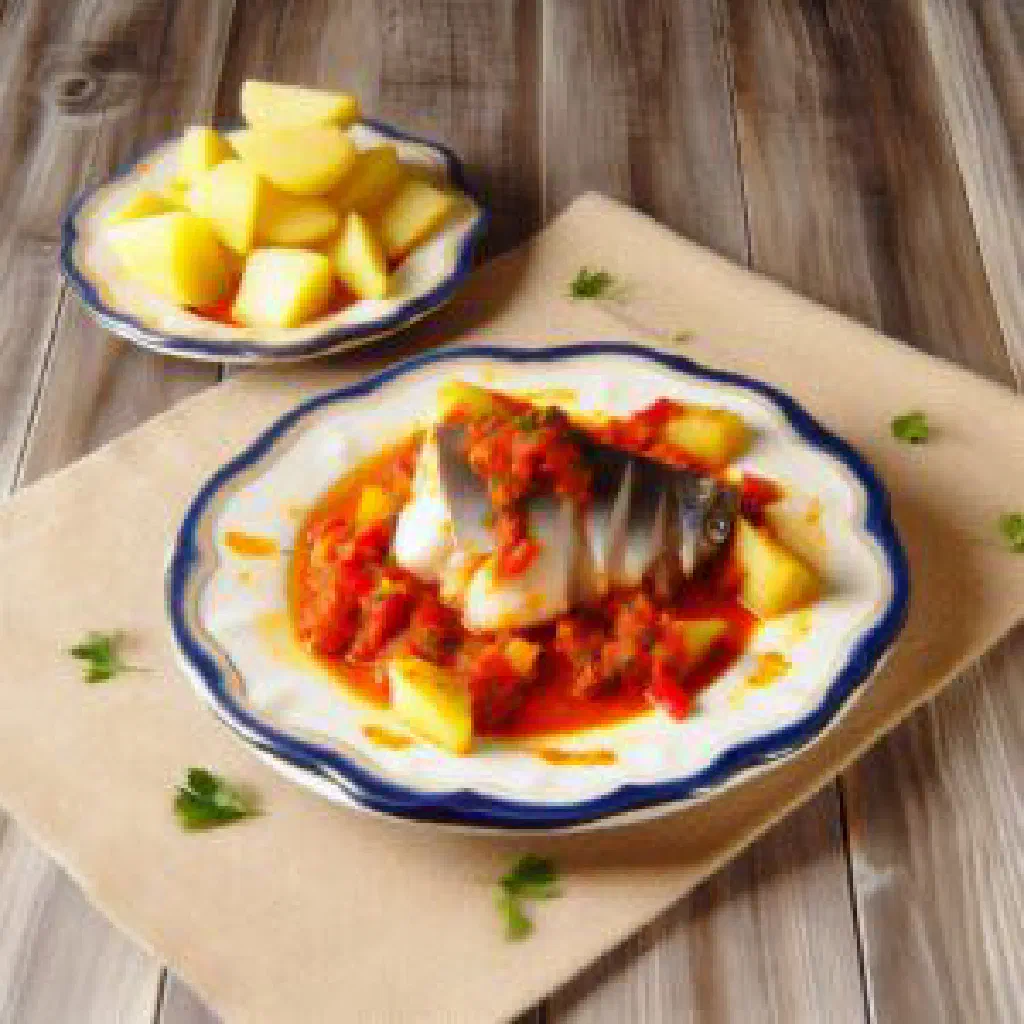 Monkfish with mixed shellfish in a tomato sauce, garnished with parsley