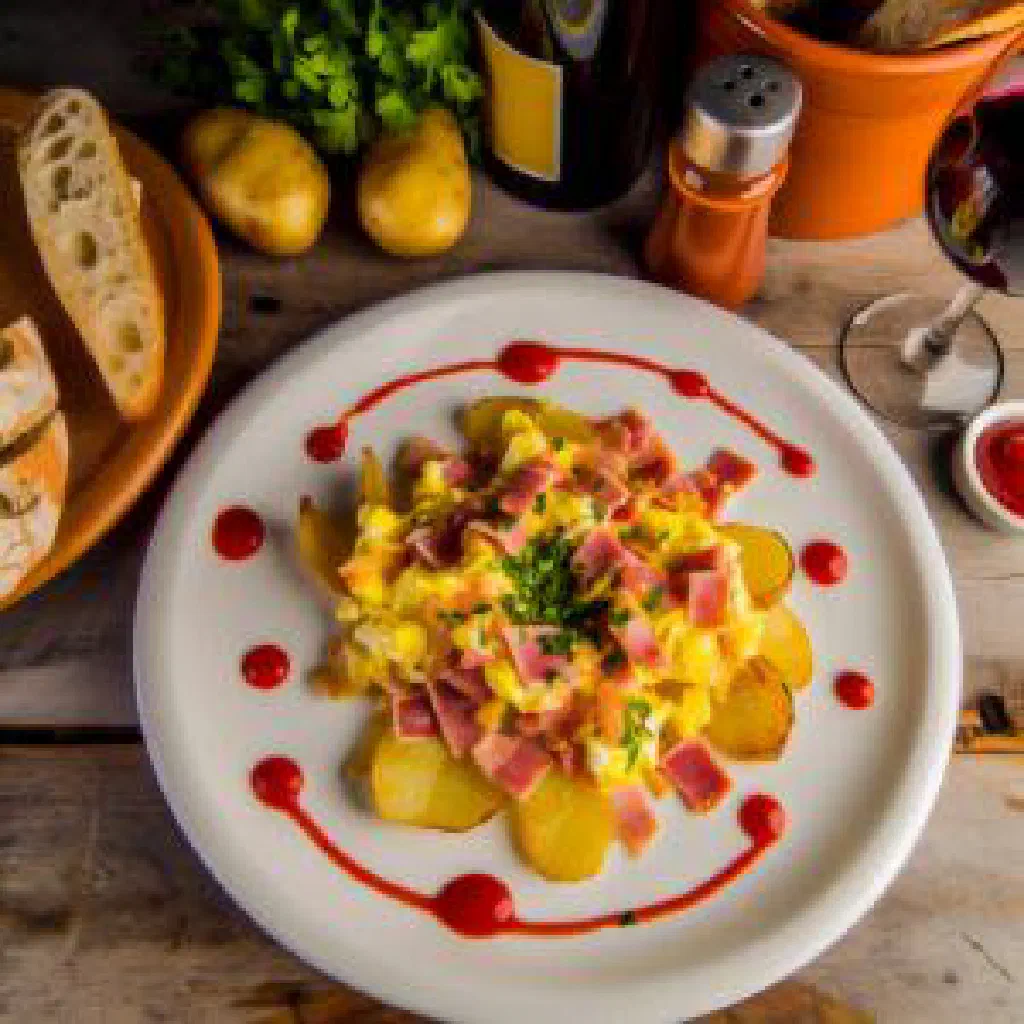 Revuelto gramajo of scrambled eggs with crisp potatoes and ham, garnished with parsley