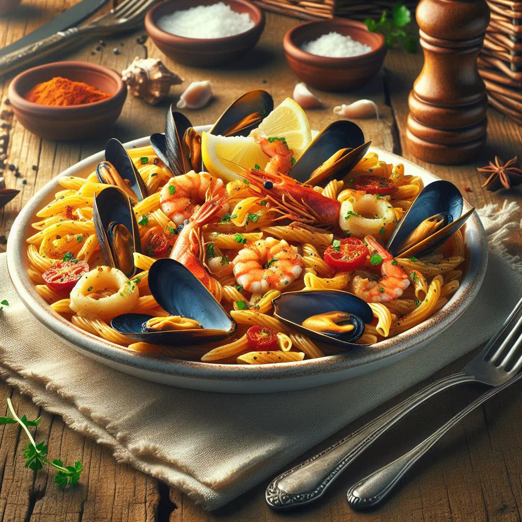 Rossejat de Fideus with toasted noodles and mixed seafood garnished with parsley