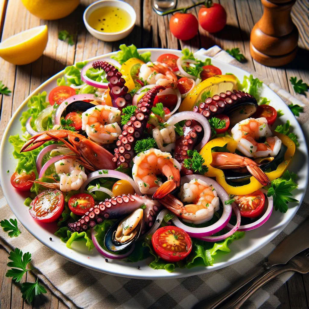 Spanish seafood salad with prawns, squid and diced peppers