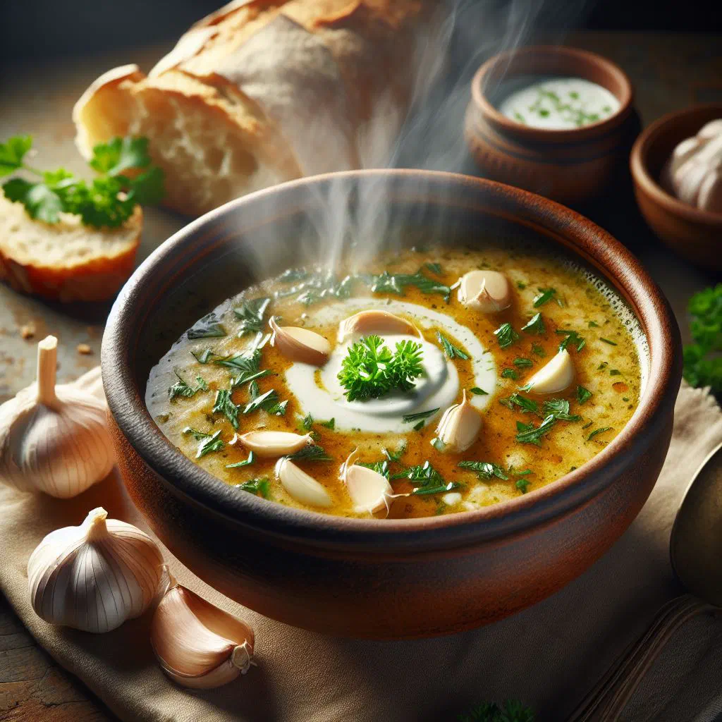 Castilian garlic soup with bread, paprika and a poached egg in a rustic bowl