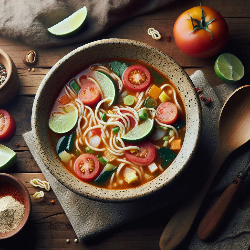 Bowl of Spanish sopa de fideos noodle soup garnished with fresh parsley