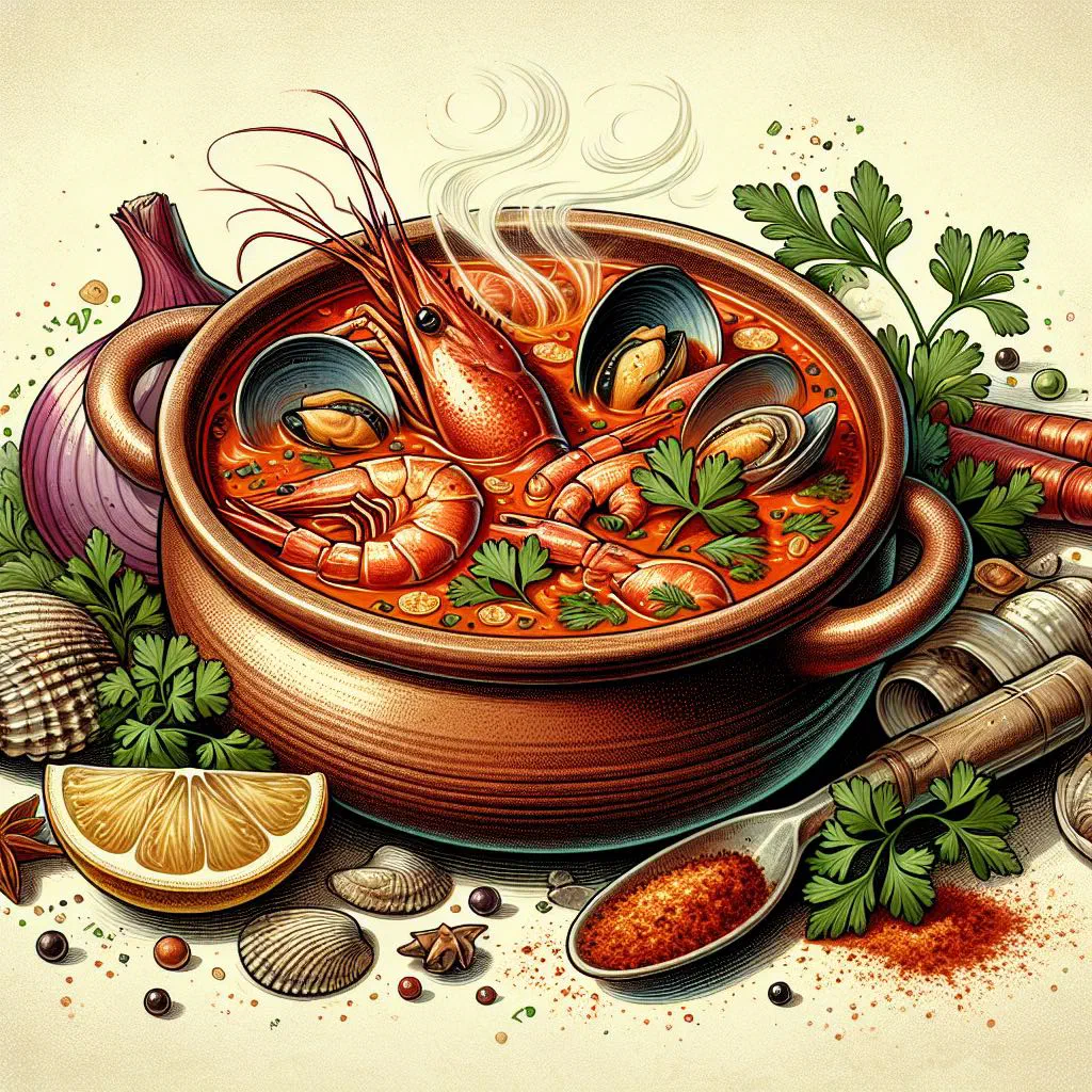 A bowl of Spanish seafood soup with prawns, mussels and fresh parsley
