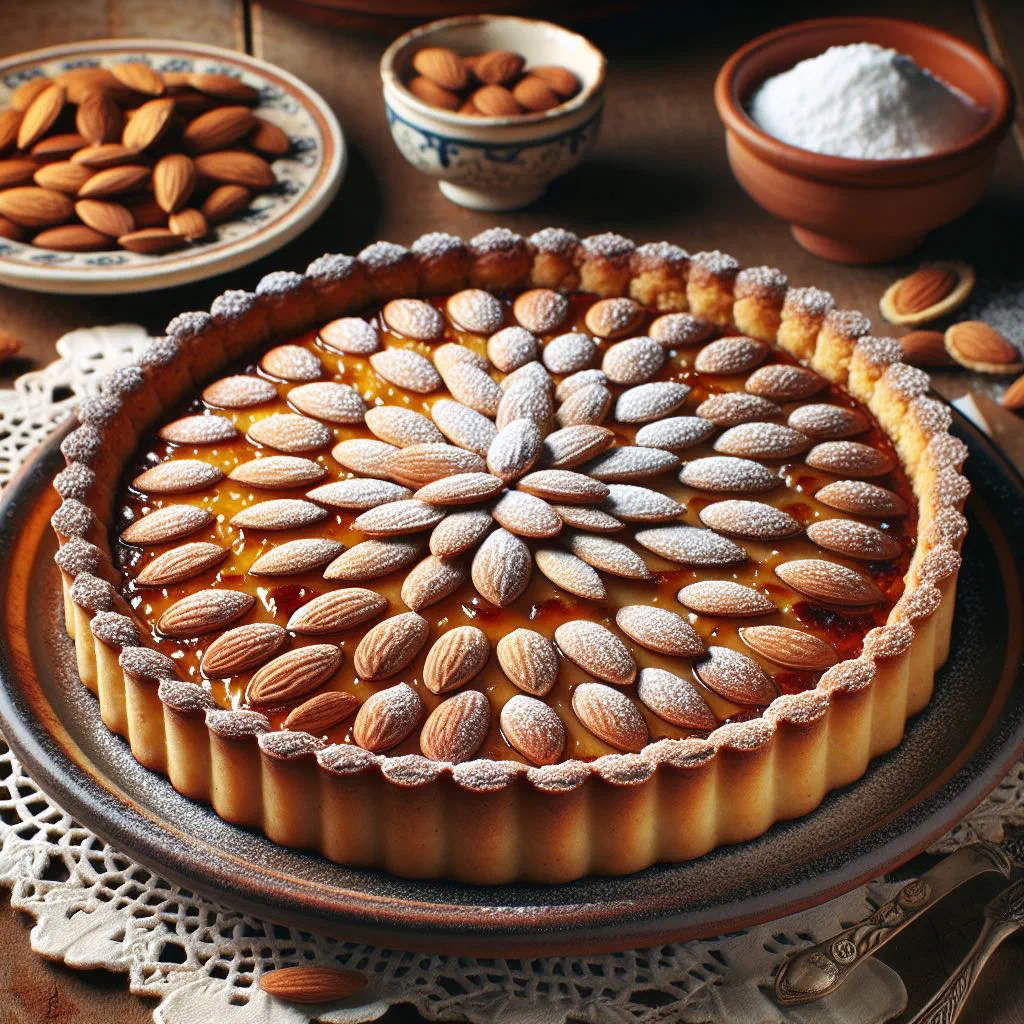Golden Spanish almond cake dusted with icing sugar