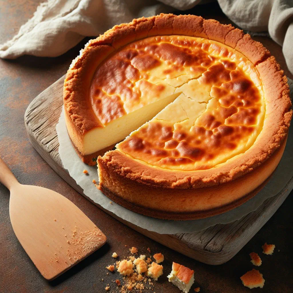 Golden baked Spanish cheesecake with a creamy centre and a slice removed