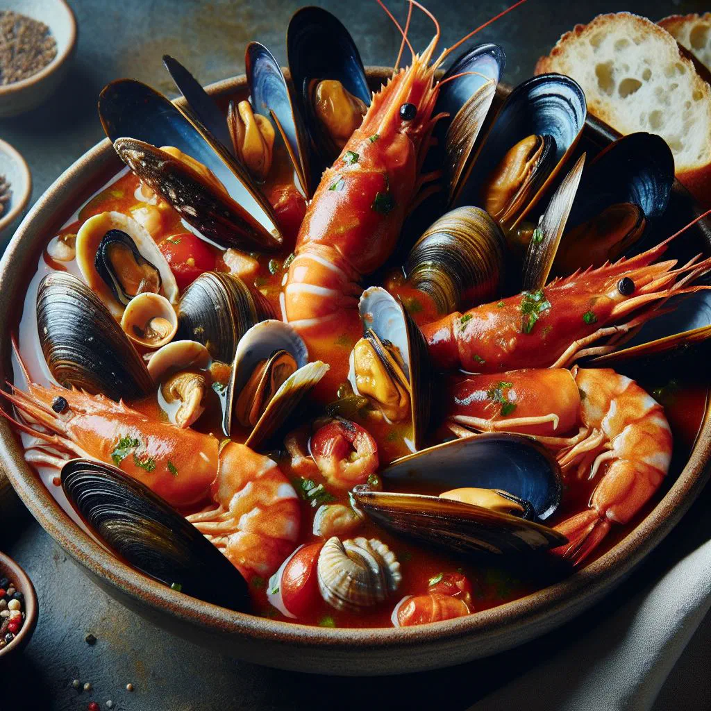 Spanish seafood stew with prawns and mussels in a rich tomato sauce